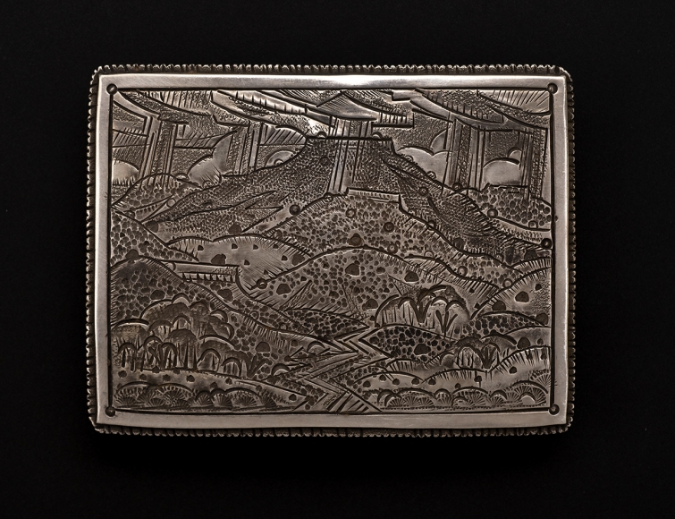 Pedernal Belt Buckle, stamped silver, 2 5/8 x 3 3/8 inches